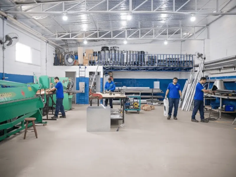 Operários trabalhando na linha de produção interna da fábrica de coifas industriais e residenciais.